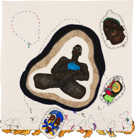 Pierre Mukeba (Honour with love), 2022; Kikwembe, calico, oil paint, ink, brush pen, acrylic paint, pastel, fabric on unprimed canvas; 115 x 110 cm; more info; enquire