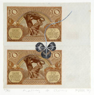 Fiona Hall Rolling in Clover - 44/51, 2004; Gouache on banknotes; 61.5 x 17cm (note) 38 x 38.3cm (frame); enquire