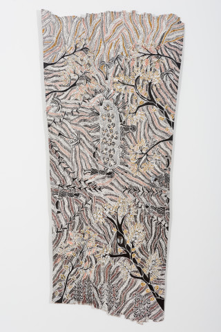 Yalmakany Marawili Meditjin ga Borum, 2024; 2878-24; earth pigments on Stringybark; 217 x 97 cm; more info; enquire