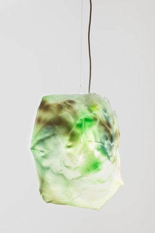 Mikala Dwyer Lamp Sculpture 5, 2024; PETG, acrylic paint, lightbulb, string; 55 x 50 x 40 cm; enquire