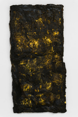 Kirtika Kain wax tablet gold, 2025; tar, gold leaf, cotton, wax and charcoal and hessian; 66 x 34 cm; more info; enquire
