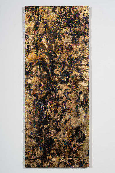 Kirtika Kain scorched I, 2026; Bristish gypsum, resin, bitumen, gold lead, wax and charcoal; 152 x 61 cm; enquire