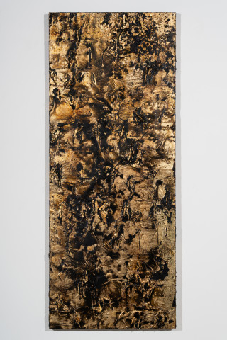 Kirtika Kain scorched I, 2026; Bristish gypsum, resin, bitumen, gold lead, wax and charcoal; 152 x 61 cm; enquire