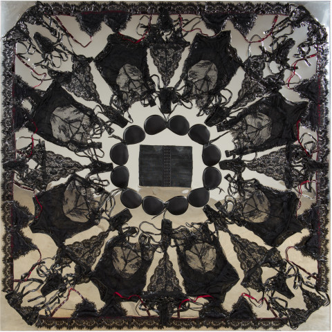 Dale Frank Huey’s kitchen, 2019; sexual intimate lingerie (black), epoxyglass on Perspex; 200 x 200 cm; Enquire