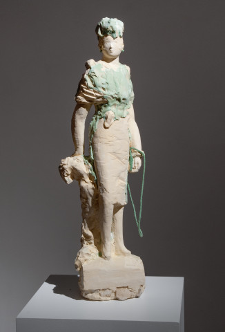 Linda Marrinon Woman with Shoulderbag on Base with Jerusalem Stone, 2011; tinted plaster, stone and cord; 74 x 25 x 17 cm; enquire