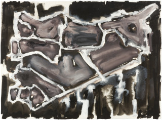 Fiona Hall Cage (Syria map 9), 2017; Cat no. 49; gouache and tapa dye on rag paper; 57 x 76 cm; enquire