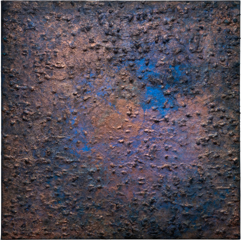 Kirtika Kain Blue Bloods XV, 2023; cotton wicks, rangoli pigment, wax, acrylic paint, artist pigment, tar, copper leaf; 120 x 120 cm; more info; enquire