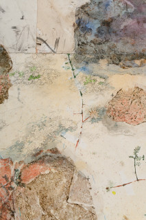John Wolseley Walk across geological strata – Proterozoic to late Silurian: each step a million years II (detail), 2025; watercolour, graphite, charcoal, frottage and nature prints on paper; 123 x 135 cm; 143 x 151 cm (framed); enquire