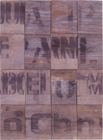 Rosalie Gascoigne Text, 1992; sawn / split soft drink crates on plywood; 40.2 x 29.9 cm; enquire