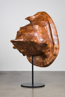 Del Kathryn Barton more the her, 2022; American Black Walnut with Cambia ash and Rock Maple wood, Abalone Green and White Fresh Water mother of pearl inlay, hardwax oil, blackened steel; 157 x 100 x 100 cm; 140kg; enquire