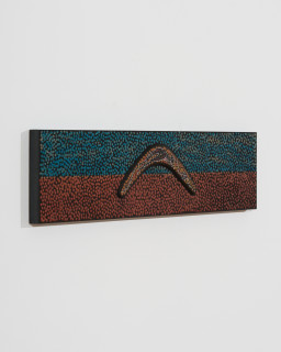 Daniel Boyd Untitled (SBHTCIHSCP), 2025; oil, watercolour, pencil, found boomerang and archival glue mounted on wooden panel; 20 x 80 cm; enquire