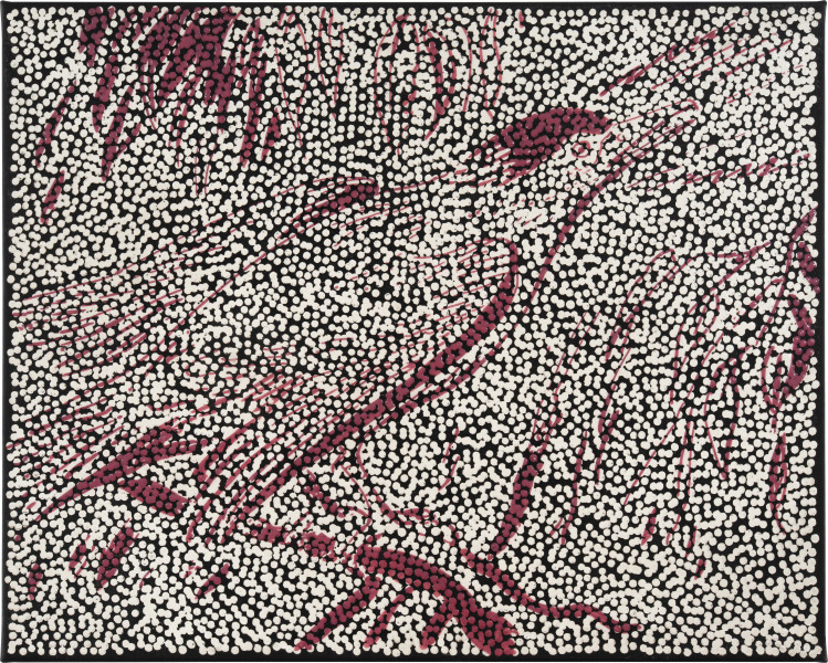 Daniel Boyd Untitled (BBCNSSB), 2025; oil, acrylic and archival glue on paper mounted to canvas; 61.5 x 76.5 cm; enquire