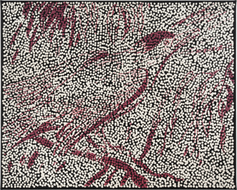 Daniel Boyd Untitled (BBCNSSB), 2025; oil, acrylic and archival glue on paper mounted to canvas; 61.5 x 76.5 cm; more info; enquire