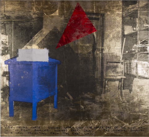 Brook Andrew Office II, 2018; ink, acrylic paint, linen; 175 x 190 x 5 cm; enquire