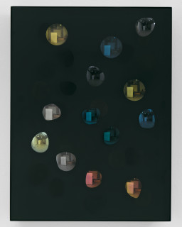 Jim Lambie May 1993, Petrichor Rising, 2026; resin, sunglasses lens, birch plywood, paint; 60 x 45 x 5 cm; enquire