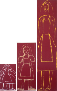 Jenny Watson Alice Small Alice Middle Alice Tall, 1986-87; Oil on ski fabric; 229 x 51cm; 121 x 48cm; 67 x 40cm; enquire