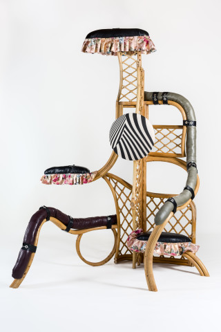 Sarah Contos Telephone Booth, 2019; repurposed cane and leather, fabrics, poly-fibre, hardware; 223 x 180 x 132 cm; Enquire