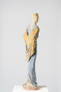 Linda Marrinon Woman with a tiara, 2025; tinted and painted plaster and muslin; 110 x 26 x 20 cm; enquire