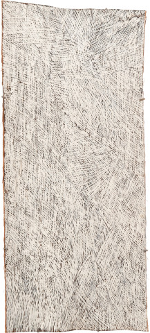 Nyapanyapa Yunupiŋu White Painting #8, 2010; Natural earth pigments on bark
3681F; 104 x 47 cm; enquire