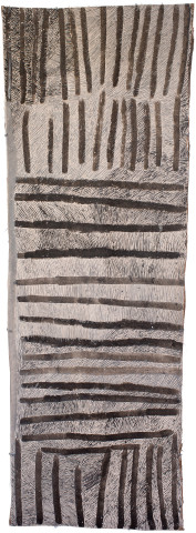 Nyapanyapa Yunupiŋu Lines, 2017; 4715-17; natural earth pigments on bark; 167 x 60 cm; enquire