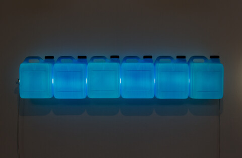 Bill Culbert Strait (Blue), 2015; fluorescent light, plastic bottles; 25 x 120 x 12 cm; enquire