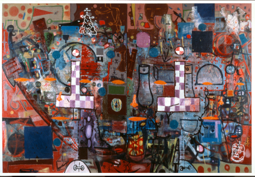 Gareth Sansom Mr Art Meets Mr God, 1987; oil on canvas; 228.5 x 335 cm; enquire