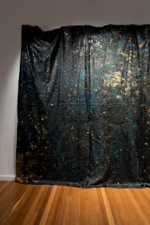 Kirtika Kain Midnight (detail), 2025; tar on hessian, stones, gold leaf and acrylic paint; 329 x 885 x 35 cm; dimensions variable; enquire