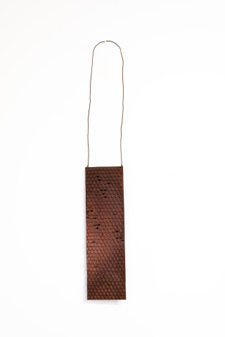 Lorraine Connelly-Northey Narrbong, 2019; CONNL - 0025; rusted iron, tin backing, wire; 170 x 26 x 6 cm; Enquire