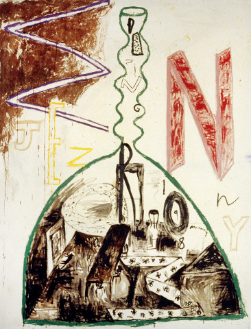 Jenny Watson Dining Room, Lilydale 1987, 1988; Oil, acrylic and mixed media on rabbit skin glue primed cotton duck; 223 x 175 cm; enquire