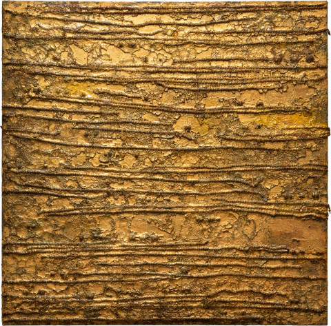 Kirtika Kain Blue Bloods IV, 2023; turmeric, lotus seeds, tulsi beads, Rosewood beads, bronze pigment, acrylic paint, wax; 120 x 120 cm; more info; enquire