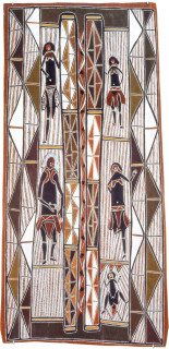Les Midikuria Family Looking for Bush Tucker, Fighting Stick, 1993; natural ochre pigments on bark; 68 x 147 cm; enquire
