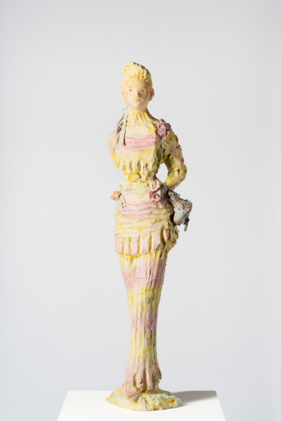 Linda Marrinon Woman with reticule, 2025; painted plaster and hessian; 110 x 27 x 23 cm; enquire