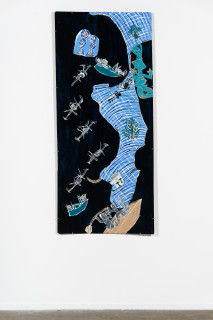 installation view; Dhambit Munuŋgurr Gunyaŋara - Catalina Base, 2025; 4948-25; acrylic on bark; 175.5 x 77 cm; enquire