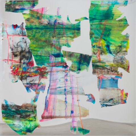 Dale Frank Young, sexy, good looking, 20, and as stupid as fuck, 2020; powder pigments in resin, broken up, epoxyglass, on Perspex; 200 x 200 cm; Enquire