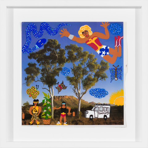 Kaylene Whiskey Wonder Woman flying over Country, 2020; Acrylic on found print; 22 x 22 cm; enquire