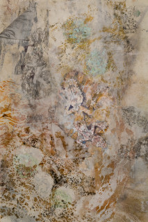 John Wolseley Cryptic mimicry of the Moritz's leaf-tailed gecko (detail), 2024; watercolour, graphite, frottage and woodblock prints on Gampi and Arches paper; 77 x 86 cm; 94 x 101 cm (framed); enquire