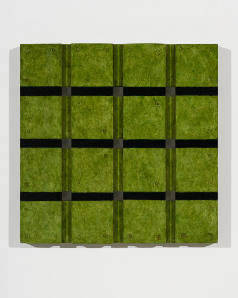 Hilarie Mais Sampler Green, 2007; wood, oil paint; 32 x 32 cm; enquire