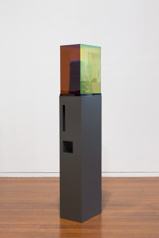 Mikala Dwyer Letterbox Clay, 2018; raw clay, acrylic, painted steel; 141 x 22 x 31 cm; enquire