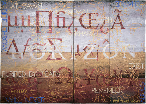 Imants Tillers Nature Speaks: E, 2005; acrylic, gouache on 16 canvasboards nos. 75922 - 75937; 101.6 x 142.4 cm; enquire