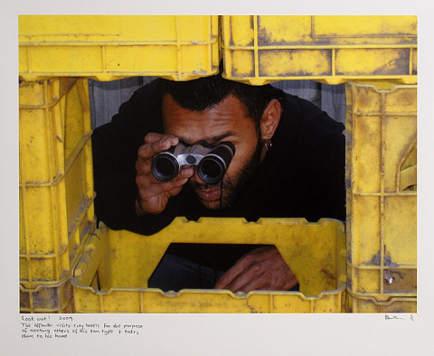 Destiny Deacon Look out!, 2009; 'The offender visits city hotels for the purpose of meeting others of his own type + takes them to his home.'; inkjet print from digital image on archival paper; 60 x 80 cm (image size) 81 x 105 cm (paper size); Edition of 5; enquire