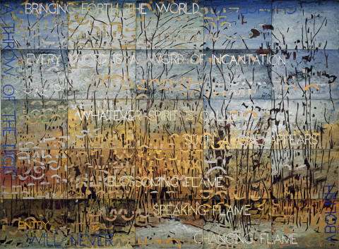 Imants Tillers Thou Majestic: E, 2011; acrylic, gouache on 25 canvasboards, nos. 89690-89714; 126 x 177 cm; enquire