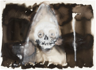 Fiona Hall Caged 3., 2017; Cat no. 54; gouache and tapa dye on rag paper; 57 x 76 cm; enquire