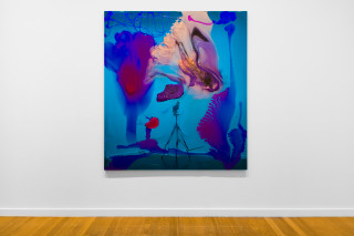 installation view; Dale Frank He hated everyone in his share house, as if proximity demanded emotional closeness, but he found the best way for it to work was as if each owed him a lot of cash, with interest, a specialised personal interest paid weekly, 2026; colour powder pigments in Epoxyglass, Epoxyglass, on perspex; 200 x 180 cm; enquire