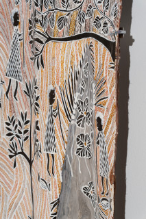 Yalmakany Marawili Women Harvesting Lillies (detail), 2025; 1894-25; earth pigments on stringybark; 169 x 78 cm; enquire