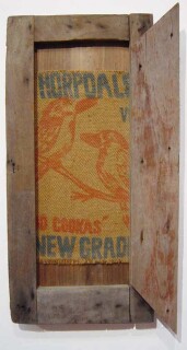 Rosalie Gascoigne Pink Kookaburras, 1984; weathered wood with printed hessian; 85.3 x 45 x 7 cm; enquire