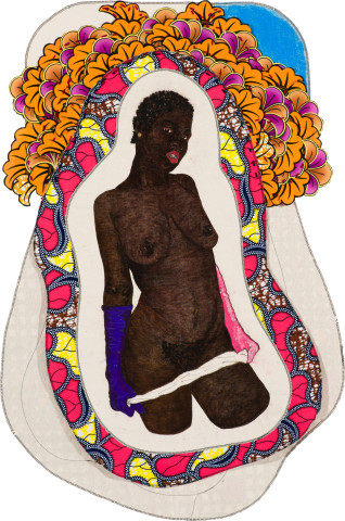 Pierre Mukeba (Achana na mkewe.), 2022; Kikwembe, calico, oil paint, ink, brush pen, acrylic paint, pastel, fabric on unprimed canvas; 110 x 75 cm; more info; enquire