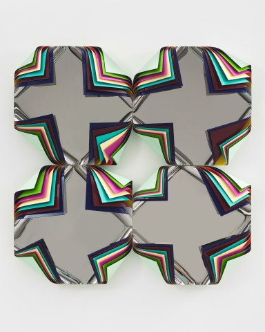 Jim Lambie Metal Box (Aurora Orchid), 2025; polished steel and aluminium sheets, gloss paint; 120 x 120 x 20 cm; more info; enquire