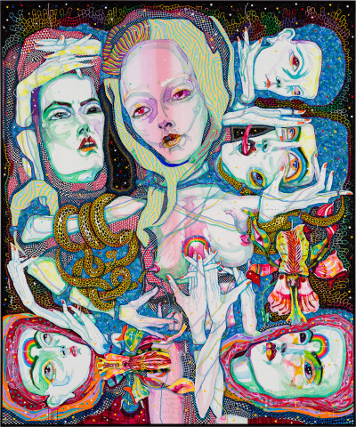 Del Kathryn Barton the women who fell to earth, 2022; acrylic on linen; 243 x 203 cm; more info; enquire