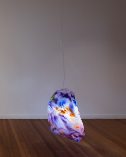 installation view; Mikala Dwyer Lamp Sculpture 1, 2024; PETG, acrylic paint, lightbulb, string; 90 x 90 x 50 cm; enquire