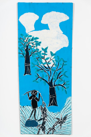Dhambit Munuŋgurr Ŋuykal, 2024; 6637-24; acrylic on bark; 207 x 85 cm; enquire
